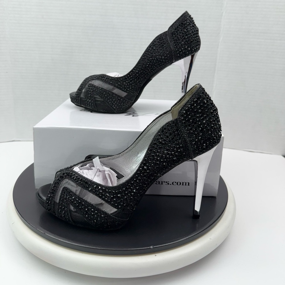 Cathy Din Essie 3 Open Toe Womens Pumps Black Diamonds Sequence Heels Sz 8 NEW
